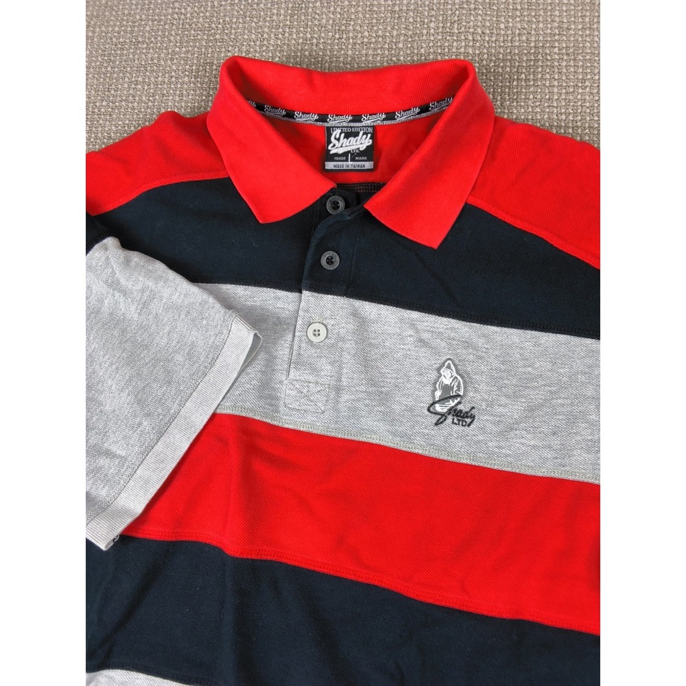 Vintage Y2K Shady Ltd Eminem Polo Shirt Striped Red Black Grey Hip Hop Rap Men